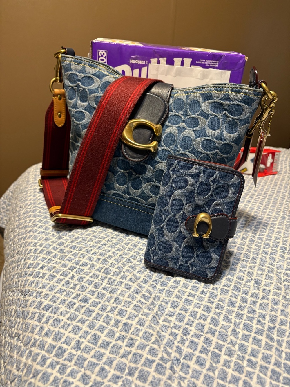 Coach Blue Denim Signature C Crossbody with Red Stripe Strap and matching wallet
